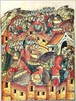 Взятие и разорение Батыем Москвы в 1238 г. Миниатюра летописного свода XVI в.