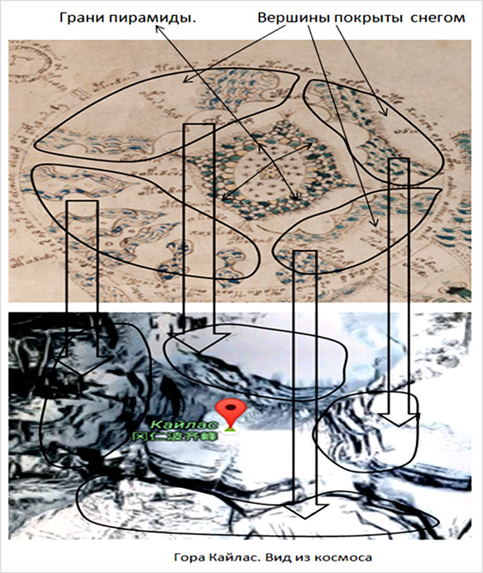 Аналогия фрагмента рисунка и вида горы Кайлас из космоса